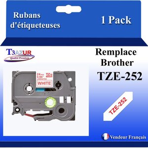 Ruban d'étiqueteuse compatible avec Brother Tze252 Tze-252 pour étiqueteuses P-touch - Texte rouge sur fond blanc - Largeur 24 mm x 8 mètres - T3AZUR