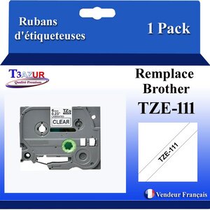 Ruban d'étiqueteuse compatible avec Brother Tze111 Tze-111 pour étiqueteuses P-touch - Texte noir sur fond transparent - Largeur 6 mm x 8 mètres - T3AZUR
