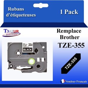 Ruban d'étiqueteuse compatible avec Brother Tze355 Tze-355 pour étiqueteuses P-touch - Texte blanc sur fond noir - Largeur 24 mm x 8 mètres - T3AZUR