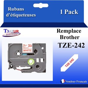 Ruban d'étiqueteuse compatible avec Brother Tze242 Tze-242 - Texte rouge sur fond blanc - Largeur 18 mm x 8 mètres - T3AZUR