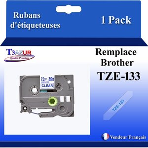 Ruban d'étiqueteuse compatible avec Brother Tze133 Tze-133 pour étiqueteuses P-touch - Texte bleu sur fond transparent - Largeur 12 mm x 8 mètres