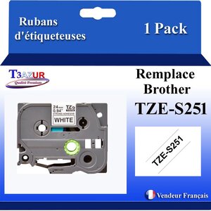Ruban d'étiqueteuse compatible avec Brother Tze251 Tze-251 pour étiqueteuses P-touch - Texte noir sur fond blanc - Largeur 24 mm x 8 mètres - T3AZUR
