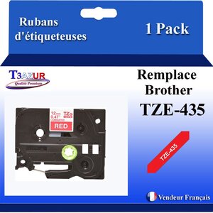 Ruban d'étiqueteuse compatible avec Brother Tze435 Tze-435 pour étiqueteuses P-touch - Texte blanc sur fond rouge - Largeur 12 mm x 8 mètres - T3AZUR