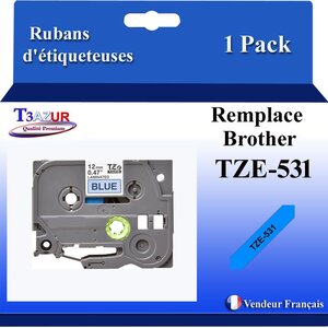Ruban d'étiqueteuse compatible avec Brother Tze531 Tze-531 pour étiqueteuses P-touch - Texte noir sur fond bleu - T3AZUR