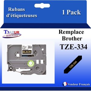 Ruban d'étiqueteuse compatible avec Brother Tze334 Tze-334 pour étiqueteuses P-touch - Texte doré sur fond noir - Largeur 12 mm x 8 mètres - T3AZUR