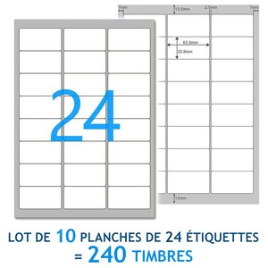 Lot de 10 planches a4 de 24 étiquettes  spéciales timbre - 6,35 x 3,39 cm - 240 étiquettes