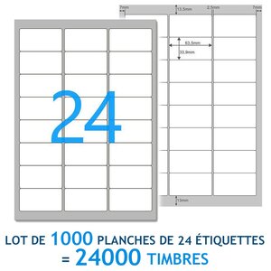 Lot de 1000 Planches A4 de 24 étiquettes  spéciales TIMBRE - 6,35 x 3,39 cm = 24000 étiquettes