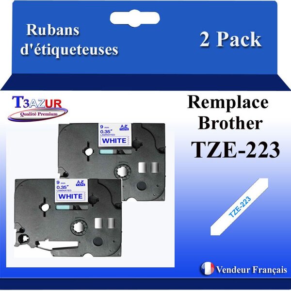 2x Rubans d'étiqueteuses compatibles avec Brother Tze223 Tze-223 pour étiqueteuses P-touch - Texte bleu sur fond blanc - Largeur 9 mm x 8 mètres - T3AZUR