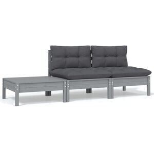 vidaXL Salon de jardin 3 Pièces avec coussins Gris Bois de pin massif