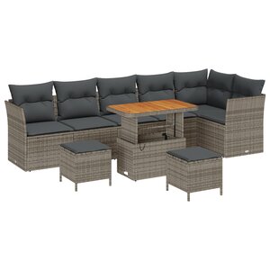 Canapés de Jardin 9 Pièces avec Coussins Gris Rattan Synthétique Acacia