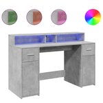 Bureau table poste de travail meuble d'ordinateur informatique étude et lumières LED 140 x 55 x 91cm bois d'ingénierie gris 02_0023799
