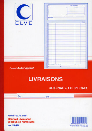 Manifold autocopiant LIVRAISONS 297X210 50 Feuillets Dupli ELVE