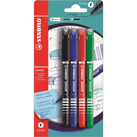 Blister x 4 stylos-feutres STABILO SENSOR - noir + bleu + rouge + vert x 10 STABILO