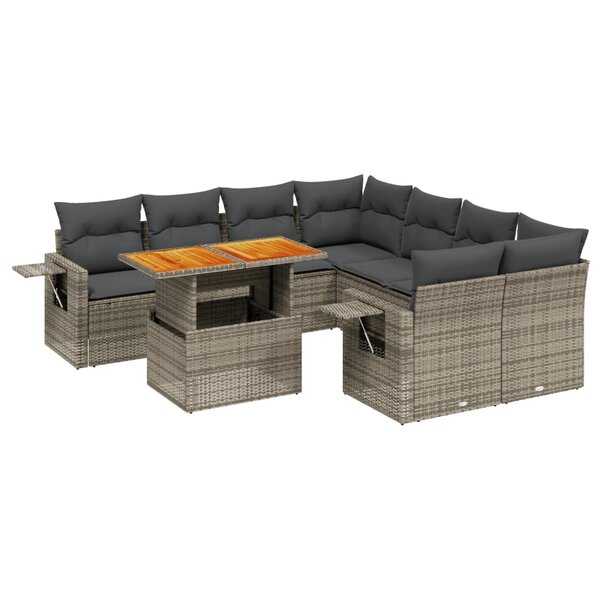 vidaXL Salon de jardin 9 Pièces avec coussins gris résine tressée