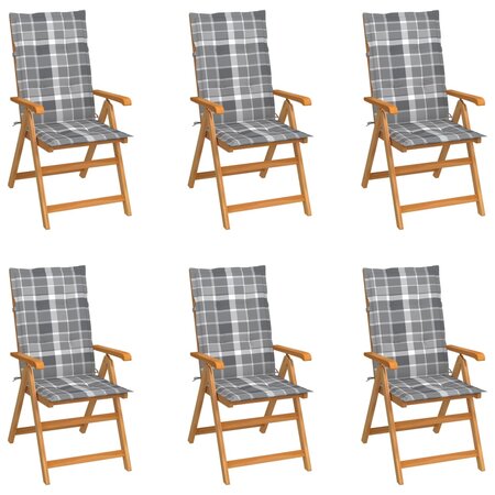 vidaXL Chaises de jardin lot de 6 et coussins carreaux gris Bois teck