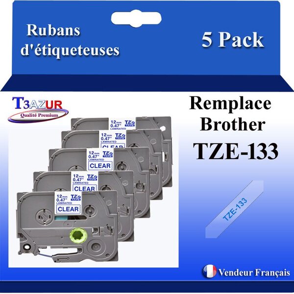 5x Rubans d'étiqueteuses compatibles avec Brother Tze133 Tze-133 pour étiqueteuses P-touch - Texte bleu sur fond transparent - Largeur 12 mm x 8 mètres