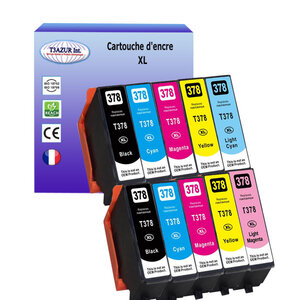 T3AZUR- 10x Cartouches Compatible avec Epson T3781 T3782 T3783 T3784 T3785 T3786 (378XL)