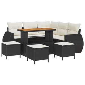Canapé de jardin 9 pièces avec coussins noirs poly rotin acacia