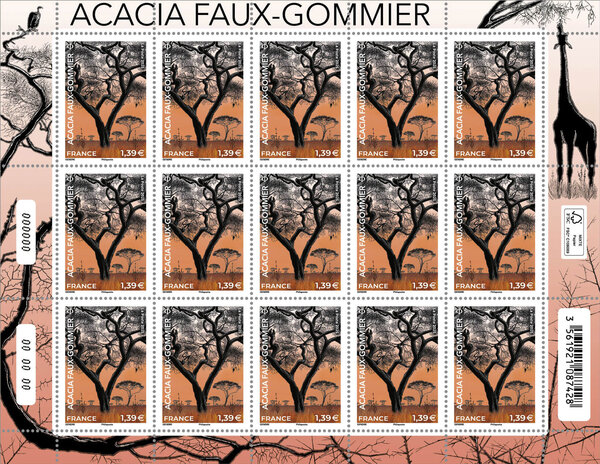 Feuille de 15 timbres - Acacia faux-gommier - Lettre verte