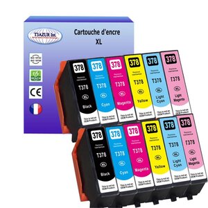 T3AZUR- 12x Cartouches Compatible avec Epson T3781 T3782 T3783 T3784 T3785 T3786 (378XL)