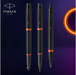 Stylo bille Parker IM Vibrant Rings  Satin noir laqué  attributs orange vif  recharge bleue pointe moyenne  Coffret cadeau