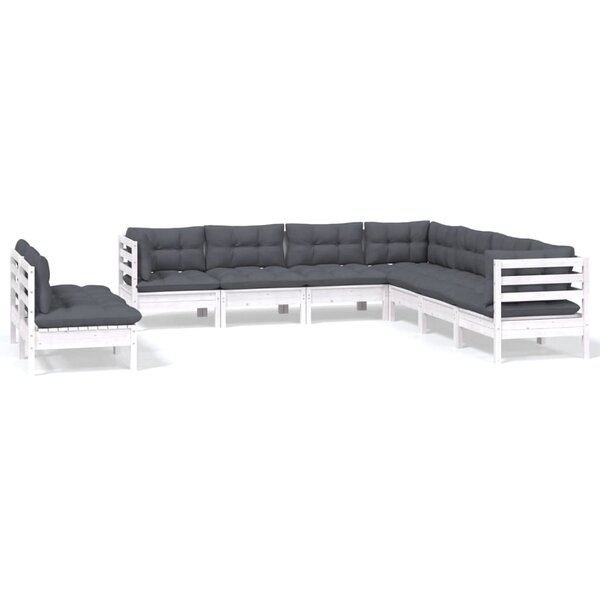 vidaXL Salon de jardin 9 Pièces avec coussins blanc bois de pin massif