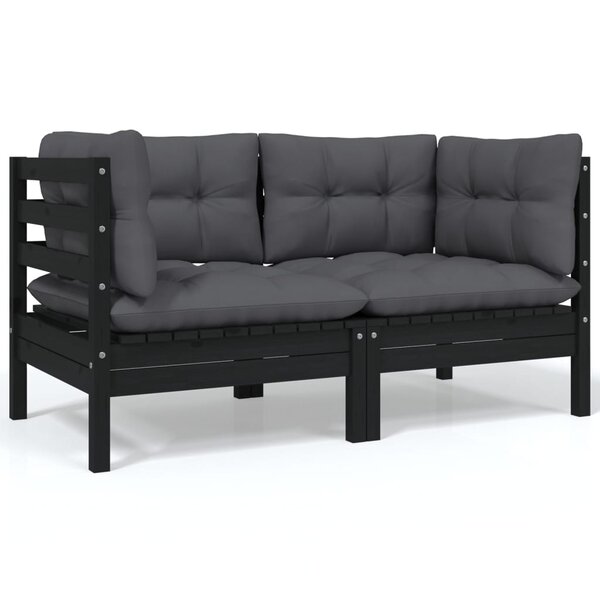 vidaXL Canapé 2 places de jardin et coussins Noir Bois de pin solide