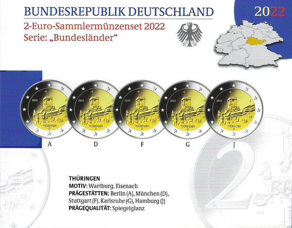 Monnaie 2 euros allemagne 2022 coffret be  les 5 ateliers - château de la wartburg