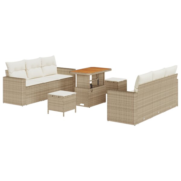 Set de canapés de jardin 9 pièces avec coussins beige en rotin poly acacia