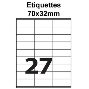 Étiquettes adhésives  70x32mm  (27étiquettes/feuille) - blanc - 20 feuilles -t3azur