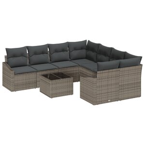 vidaXL Ensemble de salle à manger de jardin 9 pièces avec coussins gris en rattan poly