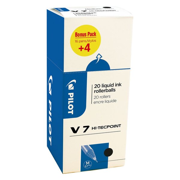 Hi-Tecpoint V7 - Stylo roller encre liquide à capuchon pointe moyenne 0,7 mm - Noir (Pack Promo 16 + 4 OFFERTS)