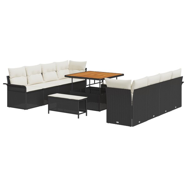 Ensemble de canapé jardin 11 pièces avec coussins en poly rotin noir et acacia