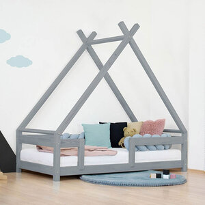 Lit Tipi enfant avec barrière bois massif gris 80 x 180 cm