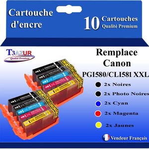 T3AZUR - 10x Cartouches compatibles avec Canon PGI-580 CLI-581 XXL pour Canon Pixma TS6240 TS6241 TS6250 TS6251 TS6300 TS6350 TS6351 TS705