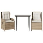 vidaXL Ensemble à manger de jardin et coussins 3 Pièces Beige poly rotin