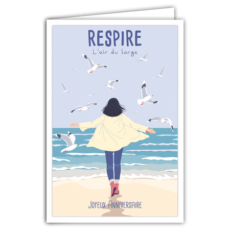 Carte Joyeux Anniversaire avec Enveloppe - Mini Poster Format 17x11 5cm Style Rétro Vintage - Respire l'air du large Femme face à la Mer Plage Mouettes - Fabriquée en France