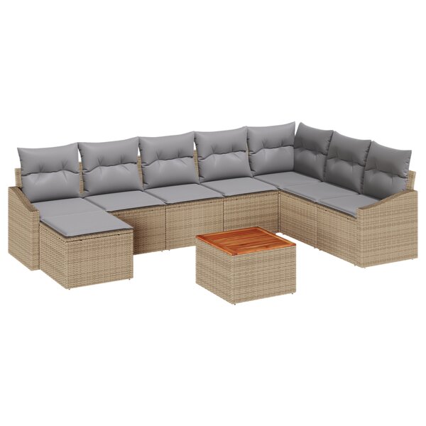 vidaXL Ensemble de Canapé de Jardin 9 Pièces avec Coussins Beige Poly Rattan Acacia