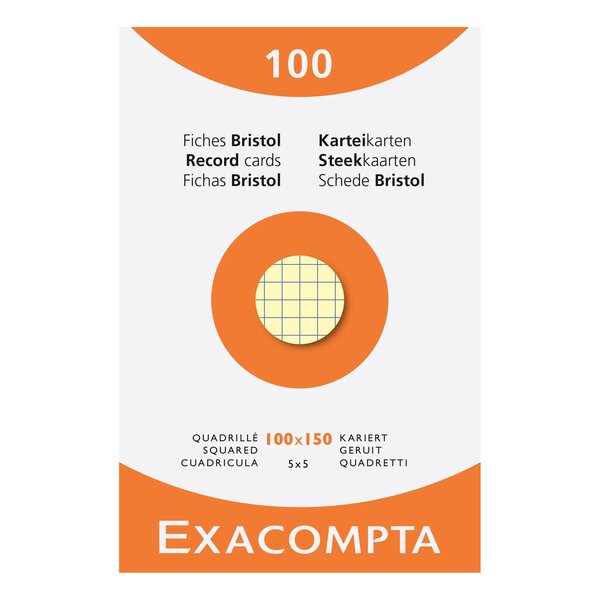 Étui De 100 Fiches - Bristol Quadrillé 5x5 Non Perforé 100x150mm - Couleurs Assorties - X 10 - Exacompta