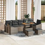 Set de Sofa de Jardin 10 Pièces avec Coussins Gris Poly Rattan Acacia