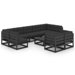 vidaXL Salon de jardin 10 Pièces avec coussins Noir Bois de pin massif