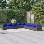 vidaXL Salon de jardin 9 Pièces avec coussins Résine tressée Gris