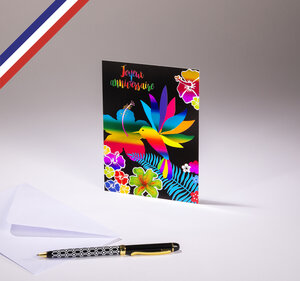 Carte simple pop c'art créée et imprimée en france sur papier certifié pefc - colibri multicolore