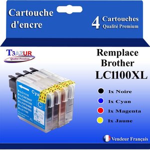 T3AZUR- Lot de 4 Cartouches compatibles avec Brother LC1100 XL pour Brother DCP535CN DCP585CW DCP595CN