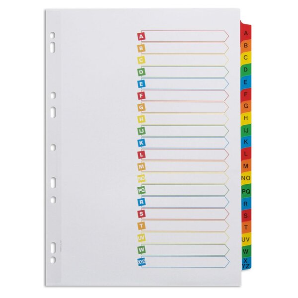 Intercalaires alphabétiques maxi A4+ en carte blanche, 20 divisions - Touches platifiées colorées