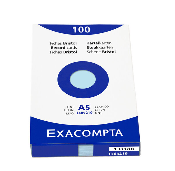Étui de 100 fiches bristol uni non perforé 148x210mm Azur EXACOMPTA