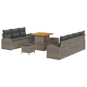 Canapé de Jardin de 10 Pièces avec Coussins Gris Poly Rattan Acacia