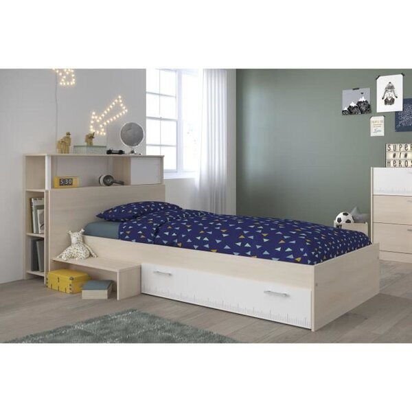 Ensemble lit + tête de lit avec rangement - acacia clair et blanc
