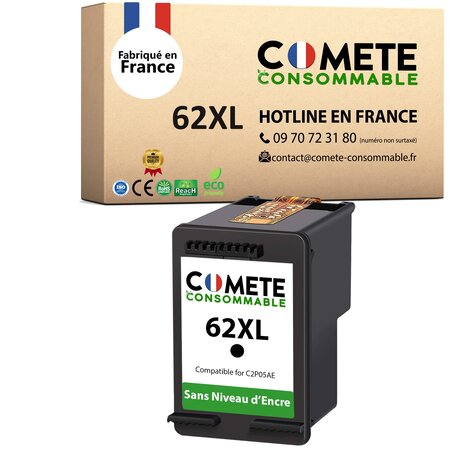 COMETE, Marque française - 62 XL - 1 Cartouche d'encre Compatibles avec HP 62 XL Noir sans Affichage du Niveau d'encre Cartouche pour HP Officejet 5740 5742 HP Envy 5640 5642 5644 7640 eAIO-Livraison gratuite