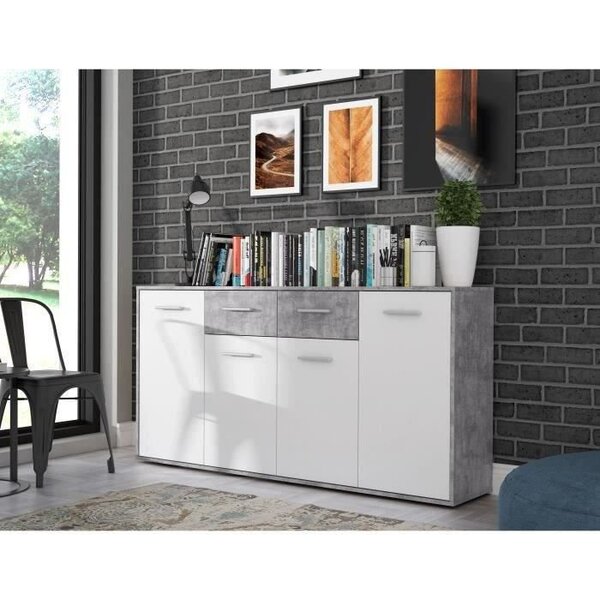Buffet bas - Blanc et béton gris clair - 4 portes + 4 tiroirs - PILVI - L 162,3 x P 34,2 x H 88,1 cm